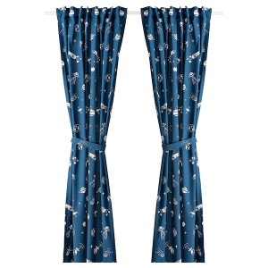 IKEA AFTONSPARV curtains with tie-backs, 1 pair, space blue/white, 47x98 in, Ikea Outlet | 0641DSJXU