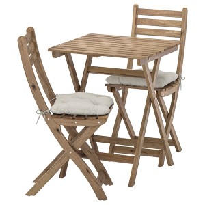 IKEA ASKHOLMEN table+2 chairs, outdoor, light brown stained/Kuddarna gray, Ikea Outlet | 0573MZQTV