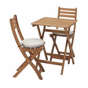 IKEA ASKHOLMEN table and 2 folding chairs, outdoor, dark brown/Frösön/Duvholmen beige, 23 5/8x24 3/8 in, Ikea Outlet | 3659FHZRX