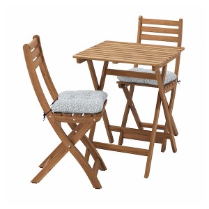 IKEA ASKHOLMEN table and 2 folding chairs, outdoor, dark brown/Klösan blue, 23 5/8x24 3/8 in, Ikea Outlet | 9753WHTKG