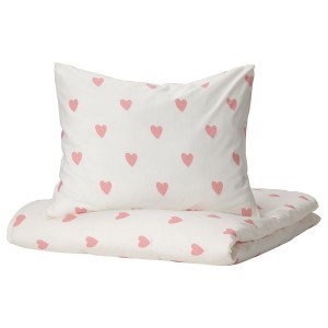 IKEA BARNDRÖM duvet cover and pillowcase(s), Twin Heart Pattern White / Pink, Ikea Outlet | 4260NJHDA