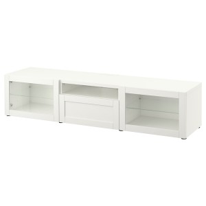 IKEA BESTÅ TV bench, 70 7/8x16 1/2x15 3/8 in White / Hanviken White Clear Glass, Ikea Outlet | 2967KPHYO