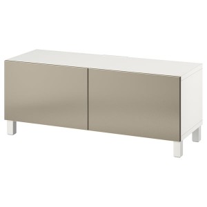 IKEA BESTÅ TV bench with doors, 47 1/4x16 1/2x18 7/8 in White Riksviken / Stubbarp / Bronze Color, Ikea Outlet | 1340DKOEL