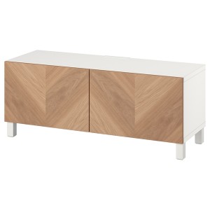 IKEA BESTÅ TV bench with doors, 47 1/4x16 1/2x18 7/8 in White Hedeviken / Stubbarp / Oak Veneer, Ikea Outlet | 9204NYHUP