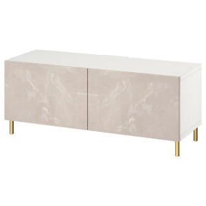 IKEA BESTÅ TV bench with doors, 47 1/4x16 1/2x18 7/8 in White / Bergsviken / Ösarp Beige, Ikea Outlet | 5072VMPTA