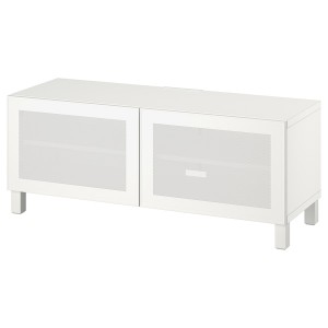 IKEA BESTÅ TV bench with doors, 47 1/4x16 1/2x18 7/8 in White / Mörtviken / Stubbarp White, Ikea Outlet | 3098DQVBZ