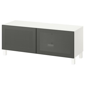 IKEA BESTÅ TV bench with doors, 47 1/4x16 1/2x18 7/8 in White Mörtviken / Stubbarp / Dark Gray, Ikea Outlet | 3651DNEJC