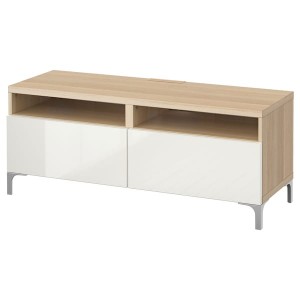 IKEA BESTÅ TV bench with drawers, 47 1/4x16 1/2x18 7/8 in White Stained Oak Effect / Selsviken / Nannarp High / Gloss / Wh, Ikea Outlet | 9175KDHRV