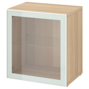 IKEA BESTÅ shelf unit with glass door, 23 5/8x16 1/2x25 1/4 in White Stained Oak Effect Glassvik / White / Light Green Clear Gl, Ikea Outlet | 3056GHYZJ