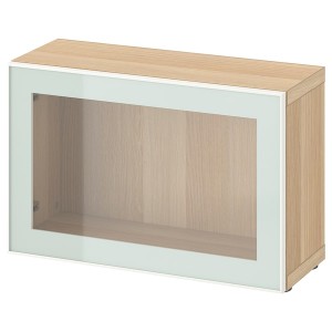 IKEA BESTÅ shelf unit with glass door, 23 5/8x8 5/8x15 in White Stained Oak Effect Glassvik / White / Light Green Clear Gl, Ikea Outlet | 3594CFWPJ