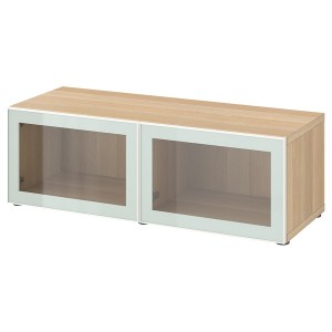 IKEA BESTÅ shelf unit with glass doors, 47 1/4x16 1/2x15 in White Stained Oak Effect Glassvik / White / Light Green Clear Gl, Ikea Outlet | 8960LVPZI