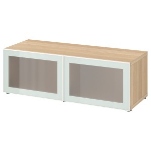 IKEA BESTÅ shelf unit with glass doors, 47 1/4x16 1/2x15 in White Stained Oak Effect Glassvik / White / Light Green Frosted, Ikea Outlet | 8912EBZUJ