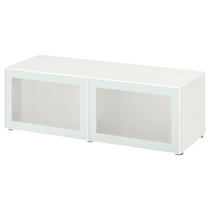 IKEA BESTÅ shelf unit with glass doors, 47 1/4x16 1/2x15 in White Glassvik / White / Light Green Frosted Glass, Ikea Outlet | 7539FJWYG