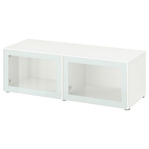 IKEA BESTÅ shelf unit with glass doors, 47 1/4x16 1/2x15 in White Glassvik / White / Light Green Clear Glass, Ikea Outlet | 8945JMXPL