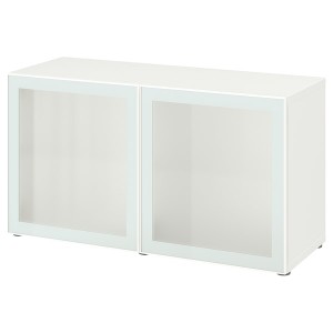 IKEA BESTÅ shelf unit with glass doors, 47 1/4x16 1/2x25 1/4 in White Glassvik / White / Light Green Frosted Glass, Ikea Outlet | 5607GYKJT
