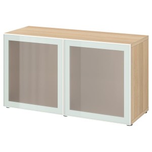 IKEA BESTÅ shelf unit with glass doors, 47 1/4x16 1/2x25 1/4 in White Stained Oak Effect Glassvik / White / Light Green Frosted, Ikea Outlet | 1238LXOQH