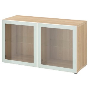 IKEA BESTÅ shelf unit with glass doors, 47 1/4x16 1/2x25 1/4 in White Stained Oak Effect Glassvik / White / Light Green Clear Gl, Ikea Outlet | 1263HXRJT