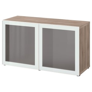 IKEA BESTÅ shelf unit with glass doors, 47 1/4x16 1/2x25 1/4 in Walnut Effect Light Gray Glassvik / White / Light Green Frosted, Ikea Outlet | 2501BRWTJ
