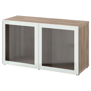 IKEA BESTÅ shelf unit with glass doors, 47 1/4x16 1/2x25 1/4 in Walnut Effect Light Gray Glassvik / White / Light Green Clear Gl, Ikea Outlet | 5621DVCNL