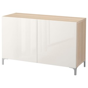 IKEA BESTÅ storage combination with doors, 47 1/4x16 1/2x29 1/8 in White Stained Oak Effect / Selsviken High / Gloss / White, Ikea Outlet | 1479BHJLZ