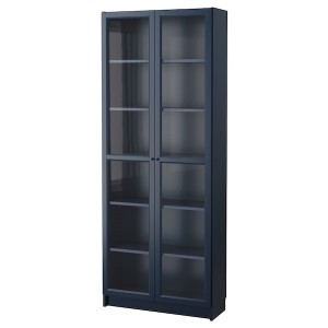 IKEA BILLY Bookcase with glass doors, dark blue, 31 1/2x11 3/4x79 1/2 in, Ikea Outlet | 7962MTPNJ