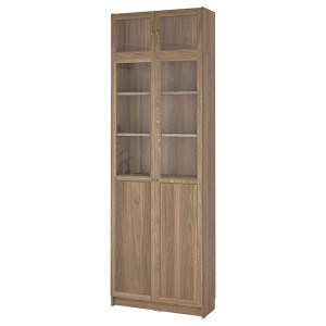 IKEA BILLY / OXBERG bookcase w glass doors, 31 1/2x11 3/4x93 1/4 in Oak Effect / Clear Glass, Ikea Outlet | 3042FZSPA