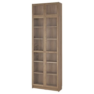 IKEA BILLY / OXBERG bookcase w glass doors/ext unit, 31 1/2x11 3/4x93 1/4 in Oak Effect / Clear Glass, Ikea Outlet | 1420XKWFH