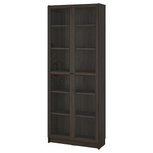 IKEA BILLY / OXBERG bookcase w glass doors, 31 1/2x11 3/4x79 1/2 in Dark Brown Oak Effect, Ikea Outlet | 0352AYFCP