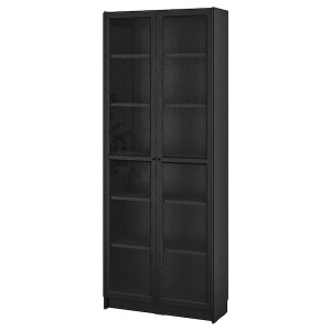IKEA BILLY / OXBERG bookcase w glass doors, 31 1/2x11 3/4x79 1/2 in Black Oak Effect, Ikea Outlet | 5018VEPND