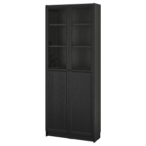 IKEA BILLY / OXBERG bookcase with panel/glass doors, 31 1/2x11 3/4x79 1/2 in Black Oak Effect, Ikea Outlet | 1483UVEJK