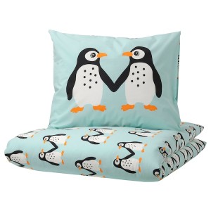 IKEA BLÅVINGAD duvet cover and pillowcase(s), Twin Penguin Pattern / Light Turquoise, Ikea Outlet | 1342DXUFN