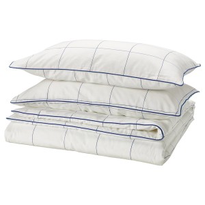 IKEA BREDVECKLARE duvet cover and pillowcase(s), Full/Queen (Double/Queen) White Blue / Check, Ikea Outlet | 2498LMPWD