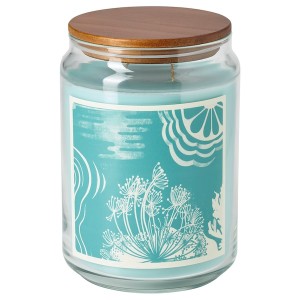 IKEA BUKETTAPEL scented cndl in glass w lid/2 wicks, bergamot & cedarwood/pale green, 100 hr, Ikea Outlet | 9648DAKTU