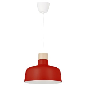 IKEA BUNKEFLO pendant lamp, 14 in Red / Birch, Ikea Outlet | 8357MSDHF