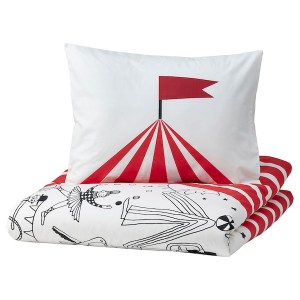 IKEA BUSENKEL duvet cover and pillowcase(s), circus pattern, Twin Red / White, Ikea Outlet | 3174TUCDG