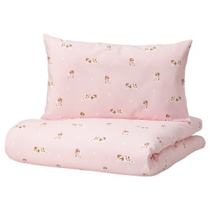 IKEA DRÖMSLOTT duvet cover 1 pillowcase f crib, 43x49/14x22 in Puppy Pattern / Pink, Ikea Outlet | 9263VKQDT