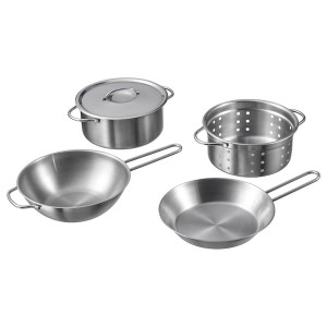 IKEA DUKTIG 5-piece toy cookware set, stainless steel color, Ikea Outlet | 6239ZNMVG