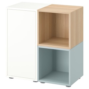 IKEA EKET storage combination with feet, 27 1/2x13 3/4x28 3/8 in White / Stained Oak Effect Light Gray / Blue, Ikea Outlet | 6382GUIEX