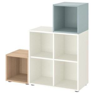 IKEA EKET storage combination with feet, 41 3/8x13 3/4x42 1/8 in White / White Stained Oak Effect Light Gray / Blue, Ikea Outlet | 2475AEKPY