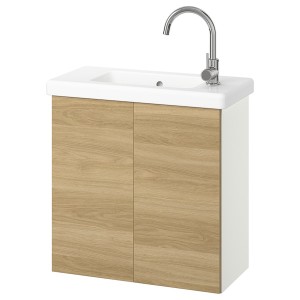 IKEA ENHET / TVÄLLEN Bathroom vanity w doors/sink/faucet, 25 1/2x13 1/8x26 in White / Oak Effect, Ikea Outlet | 2614YOMVJ