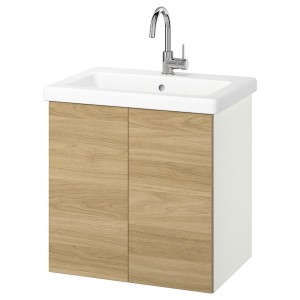 IKEA ENHET / TVÄLLEN Bathroom vanity w doors/sink/faucet, 25 1/2x19 1/8x26 in White / Oak Effect, Ikea Outlet | 3948ZXWAD
