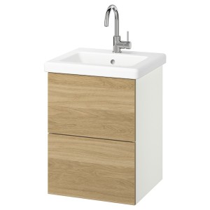 IKEA ENHET / TVÄLLEN Bathroom vanity with sink & faucet, 19 5/8x19 1/8x26 in White / Oak Effect, Ikea Outlet | 4597NMYBP