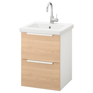 IKEA ENHET / TVÄLLEN Bathroom vanity with 2 drawers, 19 5/8x19 1/8x26 in Oak Effect / White Glypen Faucet, Ikea Outlet | 9348CXZED