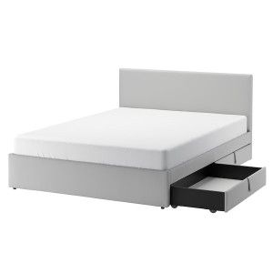 IKEA GLADSTAD upholstered bed, 2 storage boxes, Full Kabusa Light Gray, Ikea Outlet | 6730MYDVX
