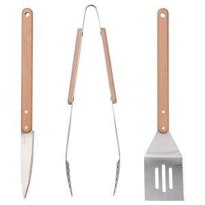 IKEA GRILLTIDER 3-piece barbecue tools set Stainless Steel / Beech, Ikea Outlet | 6471BUFNE