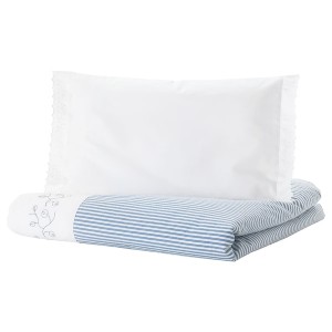 IKEA GULSPARV duvet cover 1 pillowcase f crib, 43x49/14x22 in Stripe / Blue, Ikea Outlet | 6973NVXOB