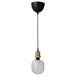 IKEA JÄLLBY / MOLNART pendant lamp with LED bulb, brass plated Tube / Shaped White / Clear Glass, Ikea Outlet | 8153IELAZ