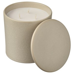 IKEA JÄMLIK scented candle in ceramic jar w lid, Vanilla/light beige, 60 hr, Ikea Outlet | 8492KBJWE