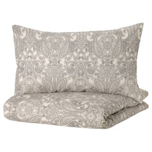 IKEA JÄTTEVALLMO duvet cover and pillowcase(s), Full/Queen (Double/Queen) Beige / Dark Gray, Ikea Outlet | 8761ORGWA