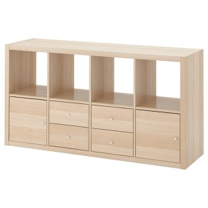 IKEA KALLAX shelf unit with 4 inserts, 57 7/8x30 3/8 in White Stained Oak Effect, Ikea Outlet | 5943RVYOD